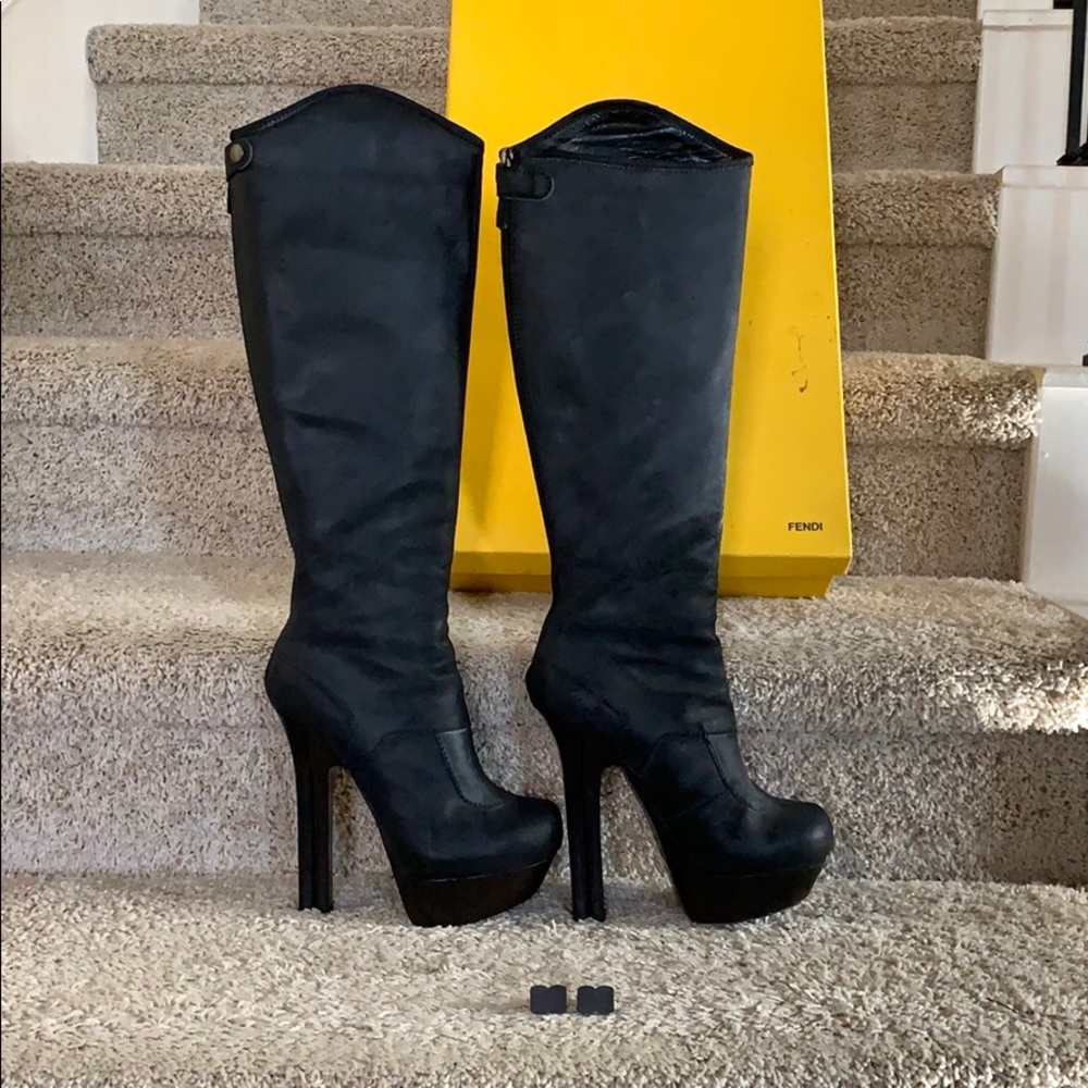 Fendi Black Nubuck Knee High Leather Boots